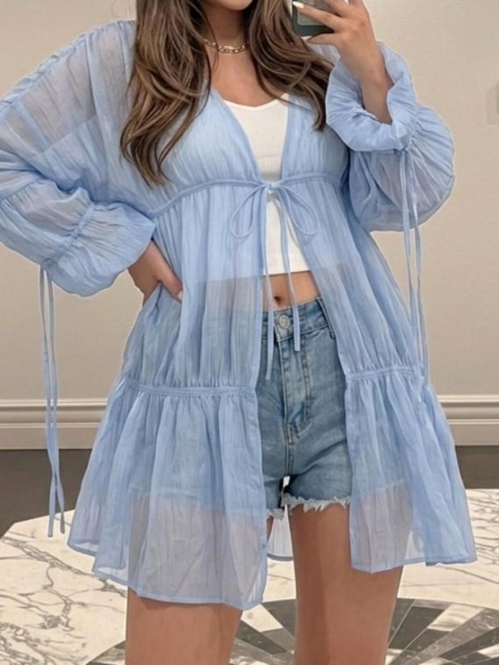 Sheer Light Blue Tie-Front Chiffon Kimono
